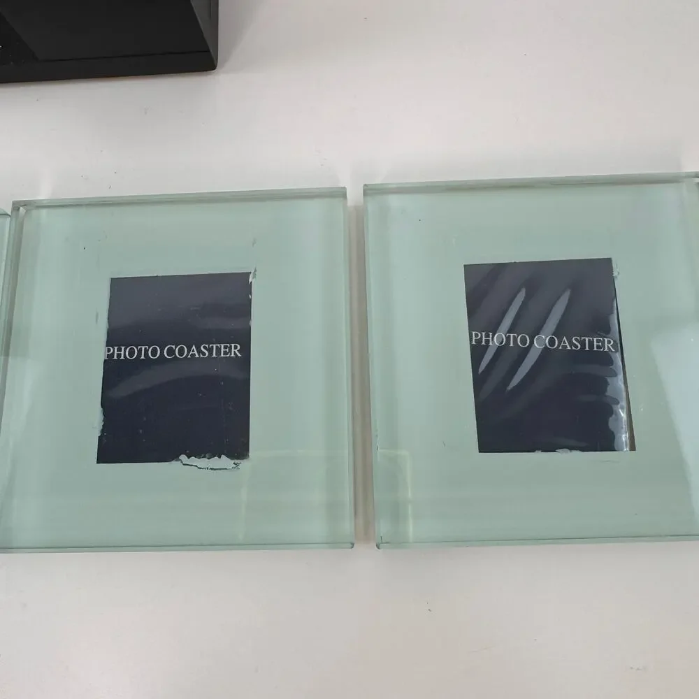 Photo Frame Coasters Wood Holder Tempered Glass Square Home Decorative Set of 4